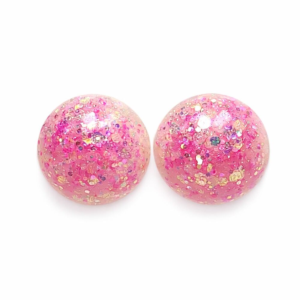 Sparkly Silver Tone Metal Pink Glitter Resin Round Dome Stud Fashion Earrings